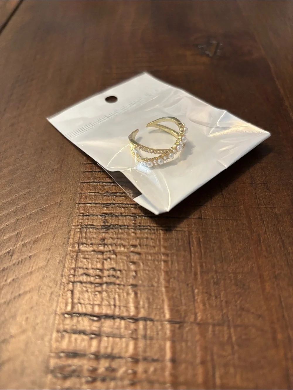Gold Tone Open Cuff Ring with Faux Pearls & Crystal Accents – Adjustable